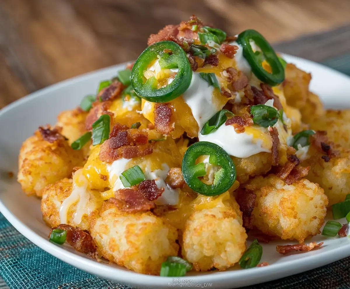 Crispy jalapeno popper tater tots loaded with melted cheese and sliced jalapenos, served on a white plate.