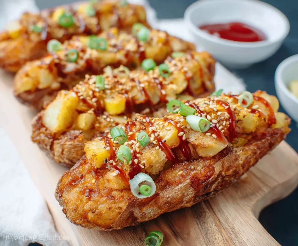 Delicious Korean Potato Hot Dog coated in crispy batter with melted cheese