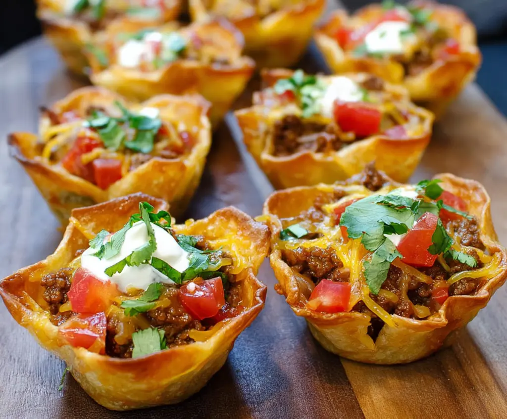 Delicious mini taco cups filled with seasoned meat, cheese, and fresh toppings, perfect for snacking or parties.