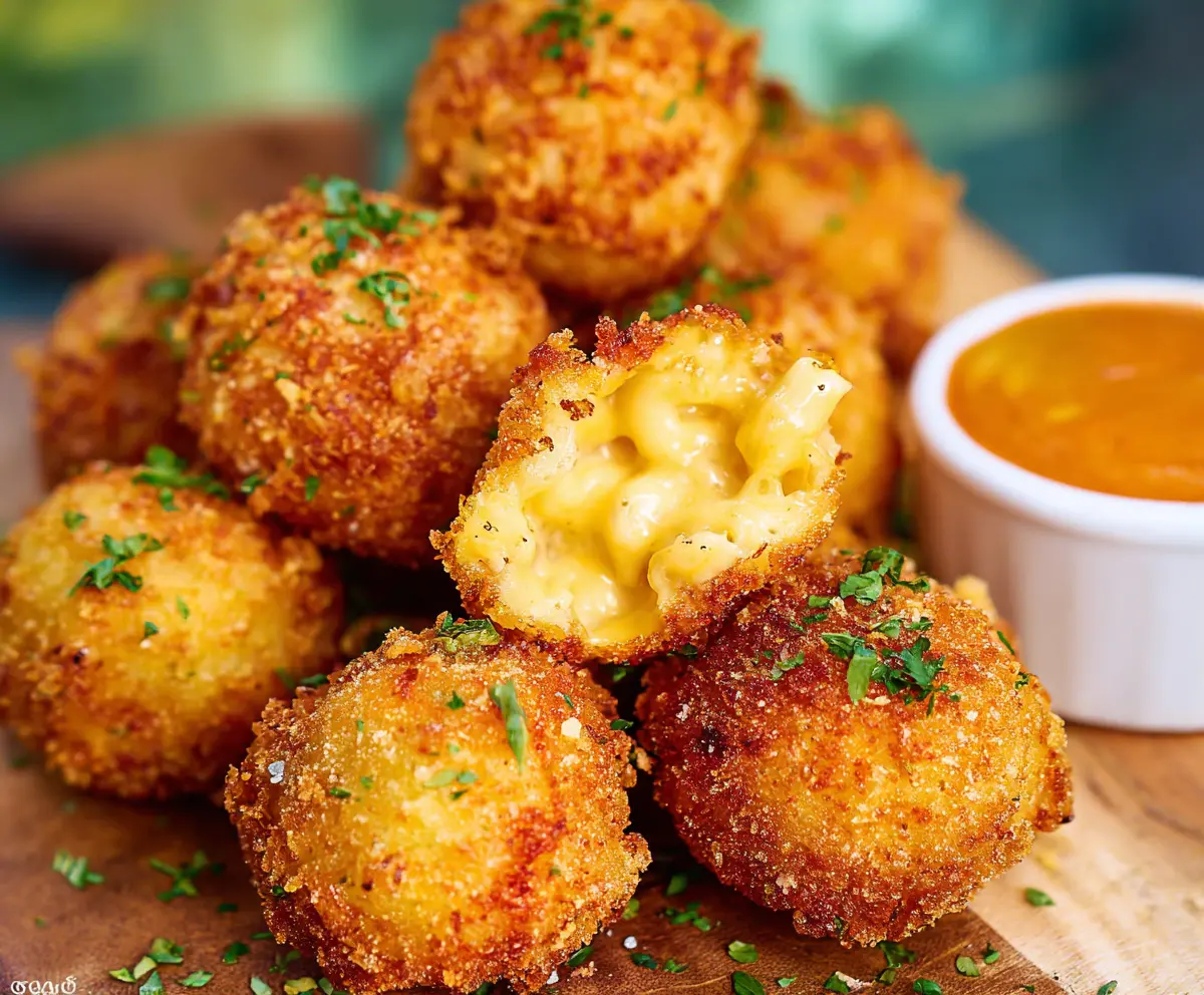 Golden crispy Mac and Cheese Bites served on a plate, perfect for snack time or parties.