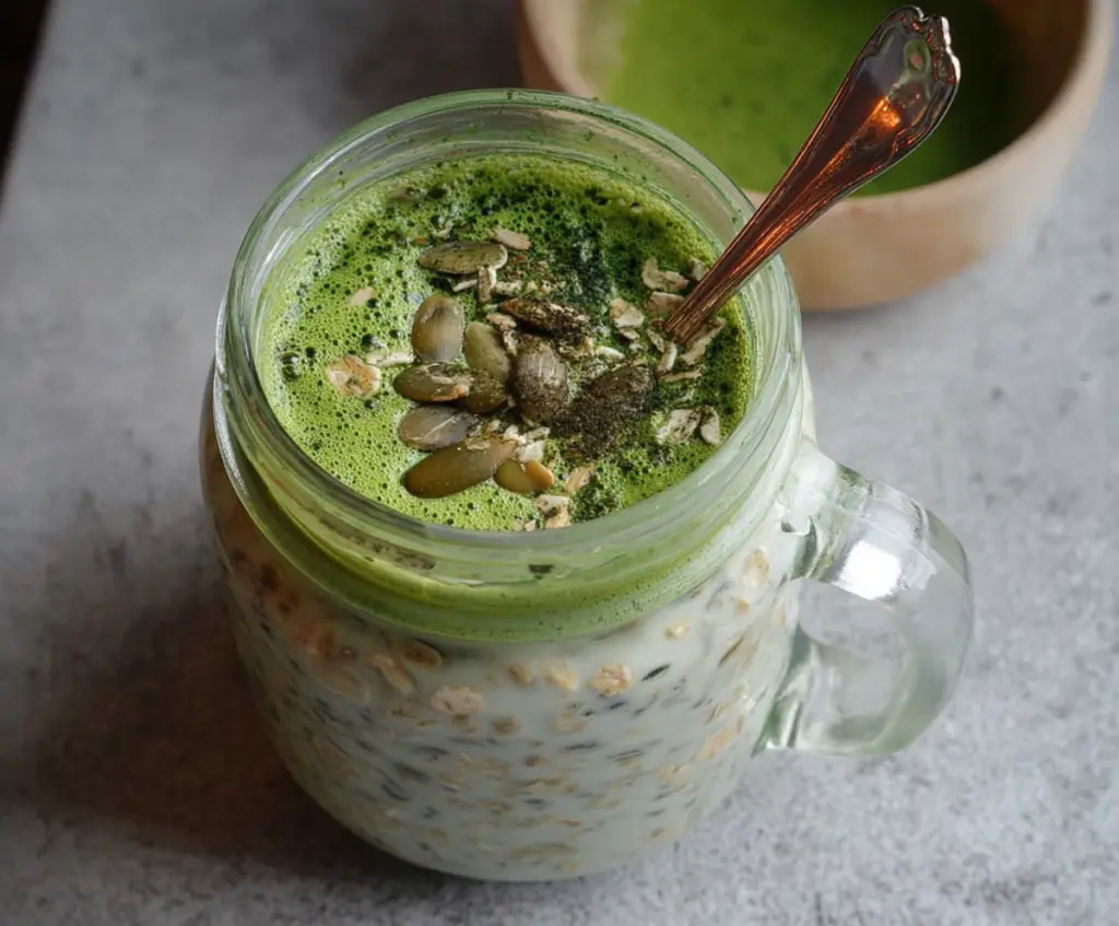 Creamy Matcha Latte Overnight Oats with fresh green tea powder served in a glass jar.