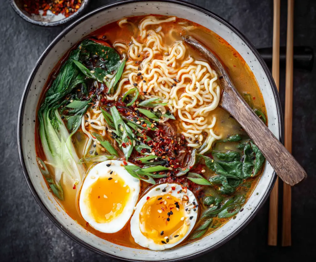 Savory miso ramen noodles with boiling broth, topped with green onions and soft-boiled eggs.