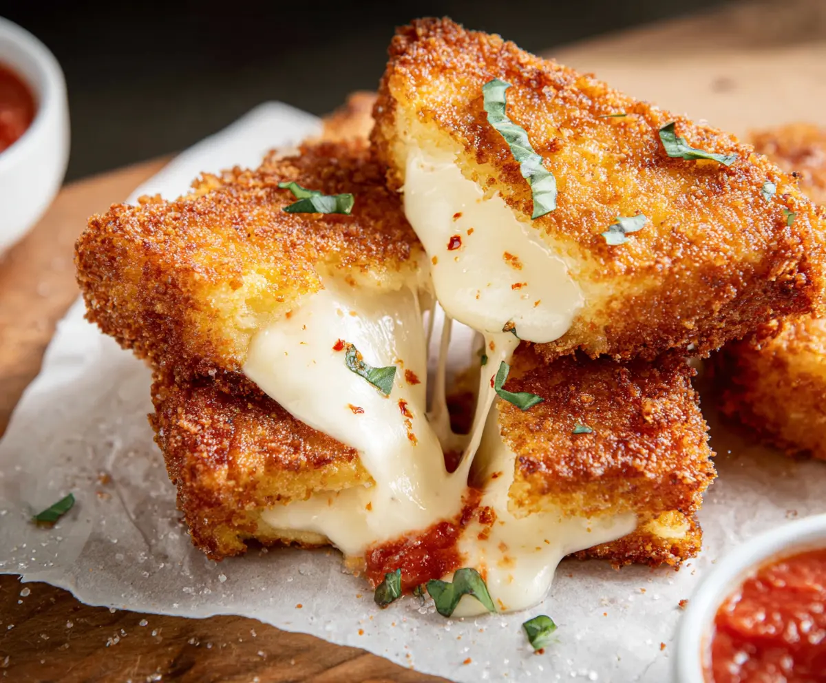 Delicious Mozzarella Carrozza oozing with melted cheese, golden fried crispy bread coating.