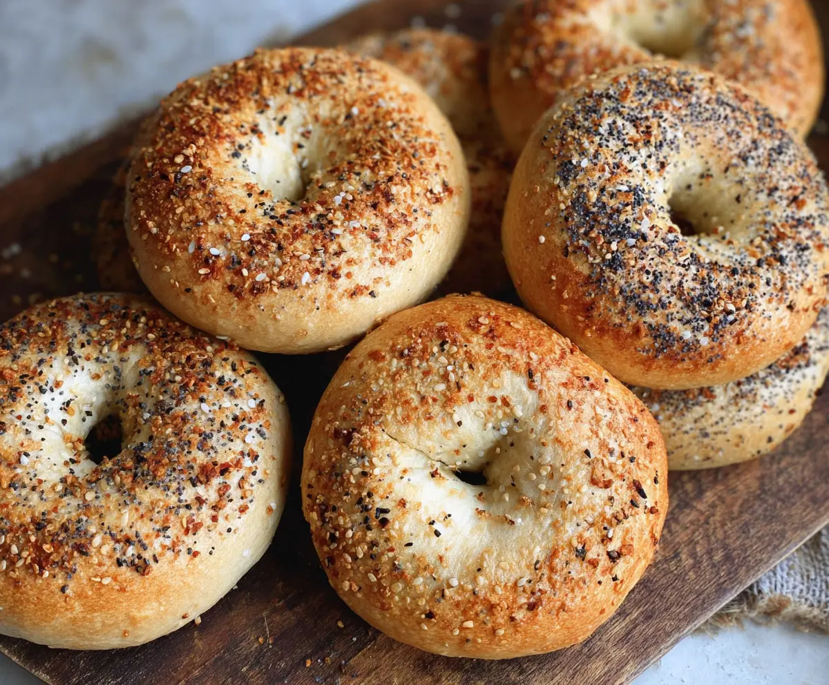 Golden no yeast sourdough discard bagels on a baking tray with sesame seeds.