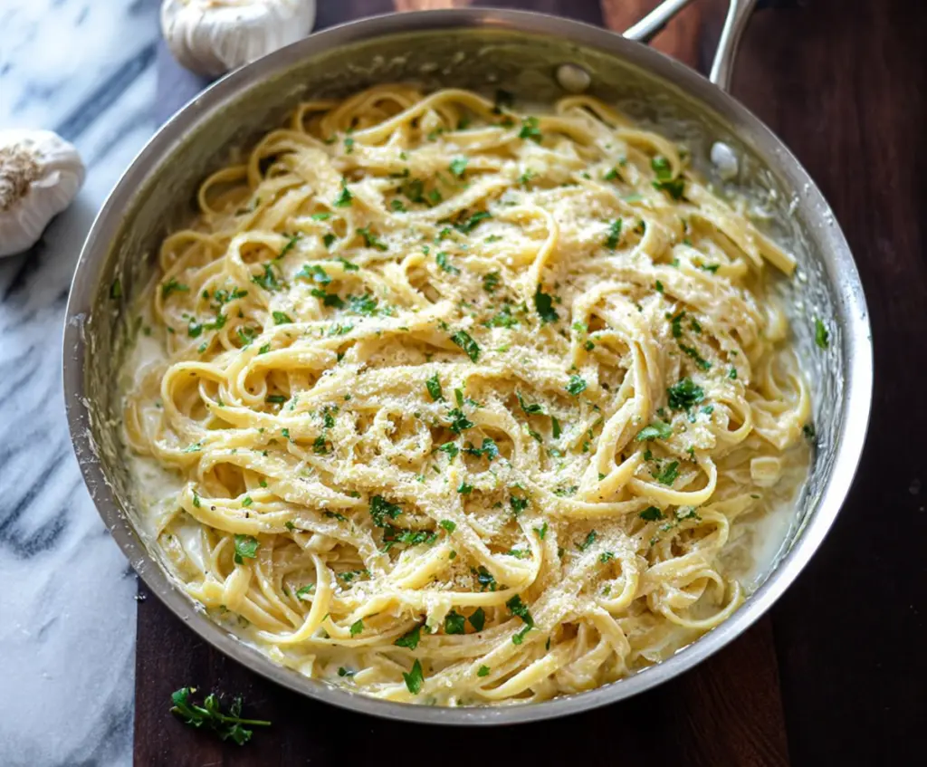 Delicious One Pan Garlic Parmesan Pasta garnished with fresh herbs on a rustic plate.