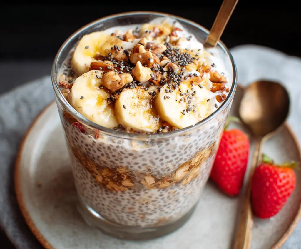 Creamy overnight oats with chia seeds and fresh berries for a healthy breakfast.