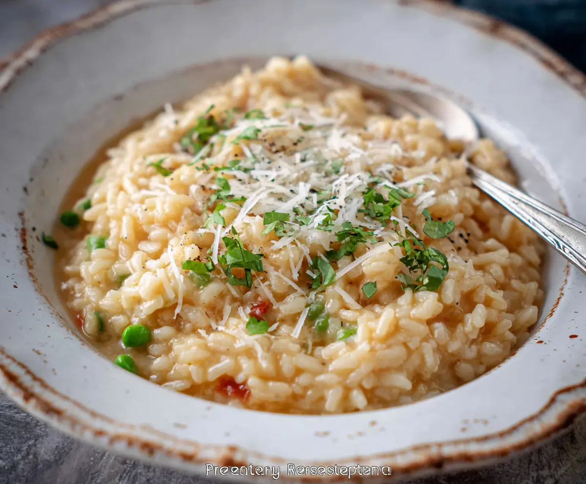 Creamy Parmesan Risotto served in a rustic bowl, garnished with fresh herbs for a delicious Italian dish.