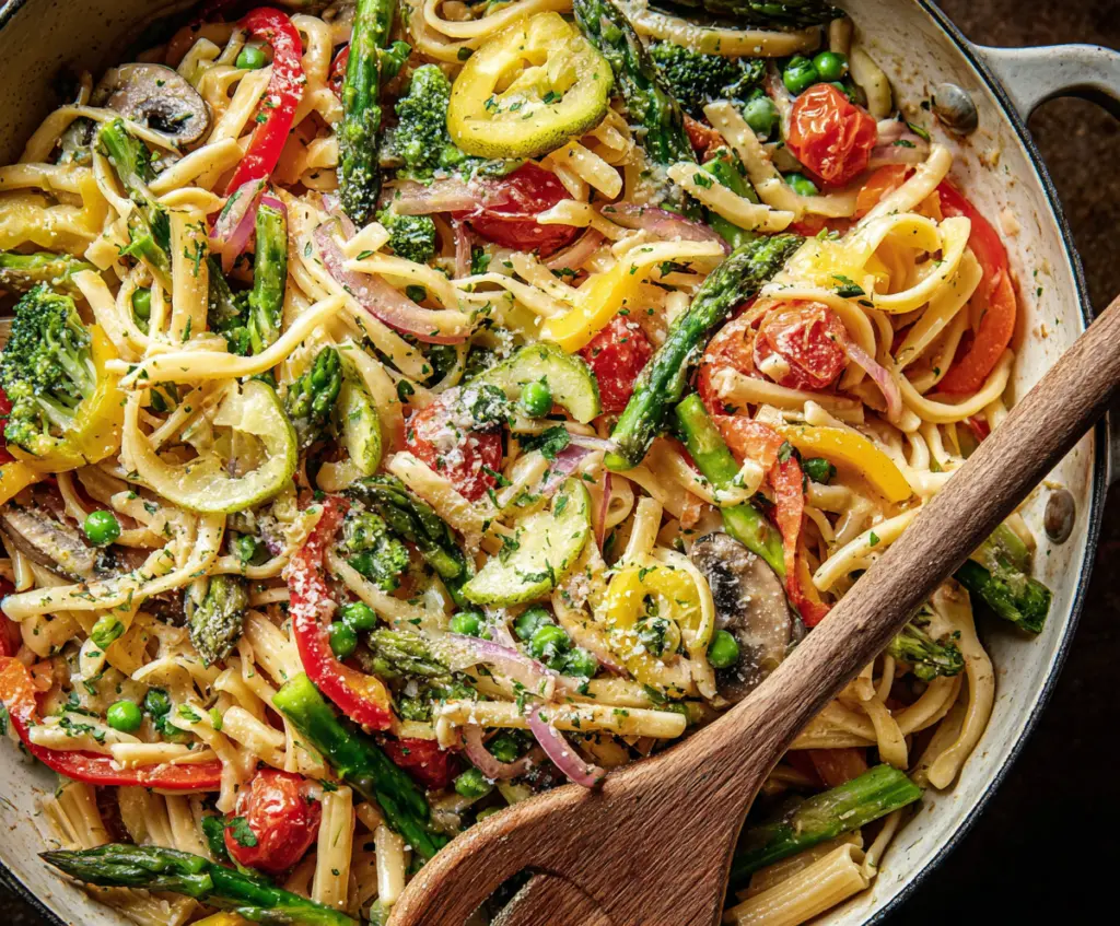 Colorful pasta primavera with fresh vegetables and herbs on a white plate.