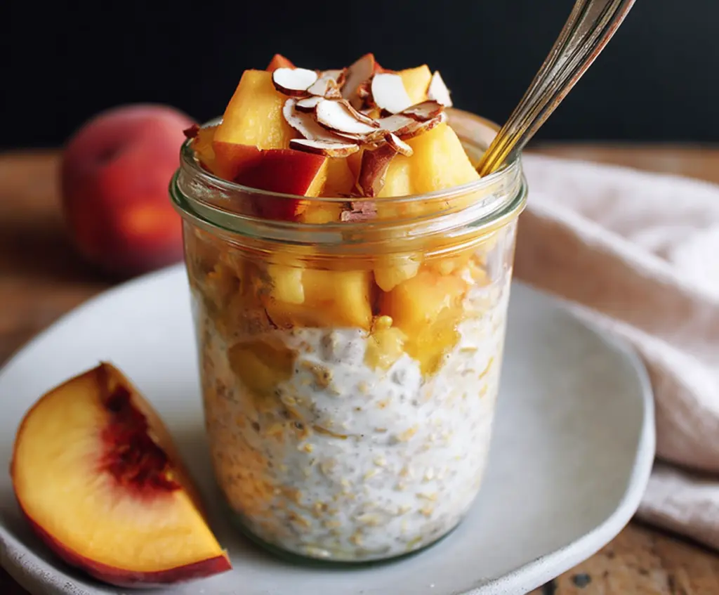 Creamy peaches and oats overnight recipe with fresh peach slices and a drizzle of cream in a glass jar