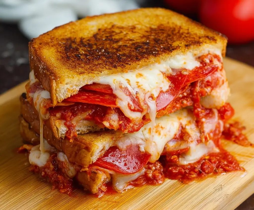 Delicious pepperoni pizza grilled cheese sandwich with melted cheese and crispy crust.