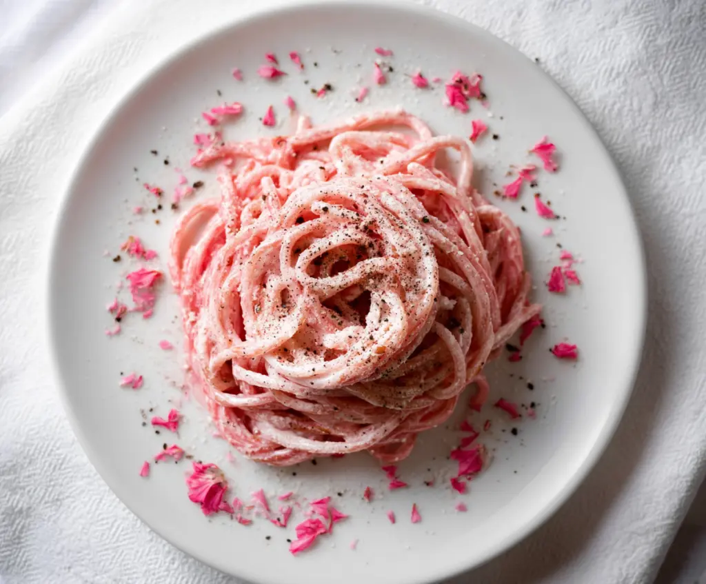 Delicious Pink Cacio E Pepe pasta dish garnished with herbs on a rustic plate