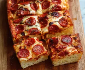 Delicious homemade pizza bread topped with melted cheese and fresh toppings.