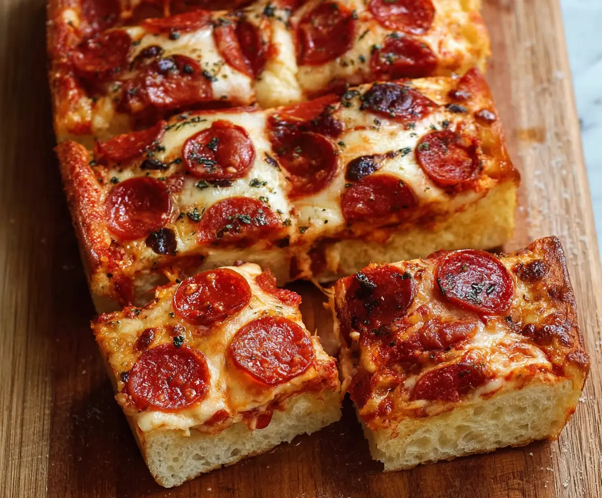 Delicious homemade pizza bread topped with melted cheese and fresh toppings.