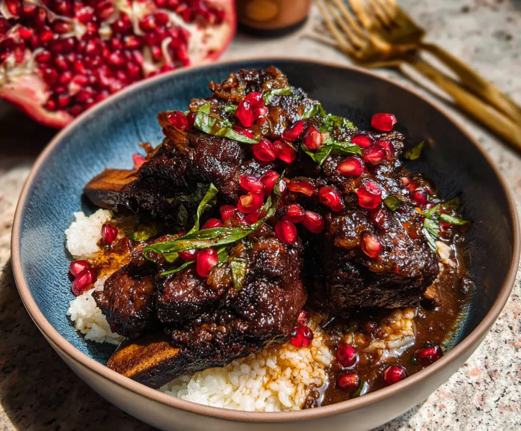 Delicious pomegranate braised short ribs served with garnishes, perfect for a hearty meal.