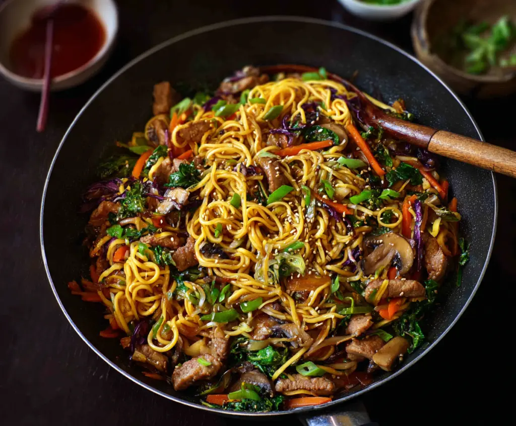 Delicious pork stir fry noodles with vegetables and savory sauce, perfect for a quick Asian-inspired meal.