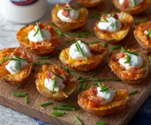 Crispy potato skin bites topped with cheese and herbs, perfect for appetizer or snack