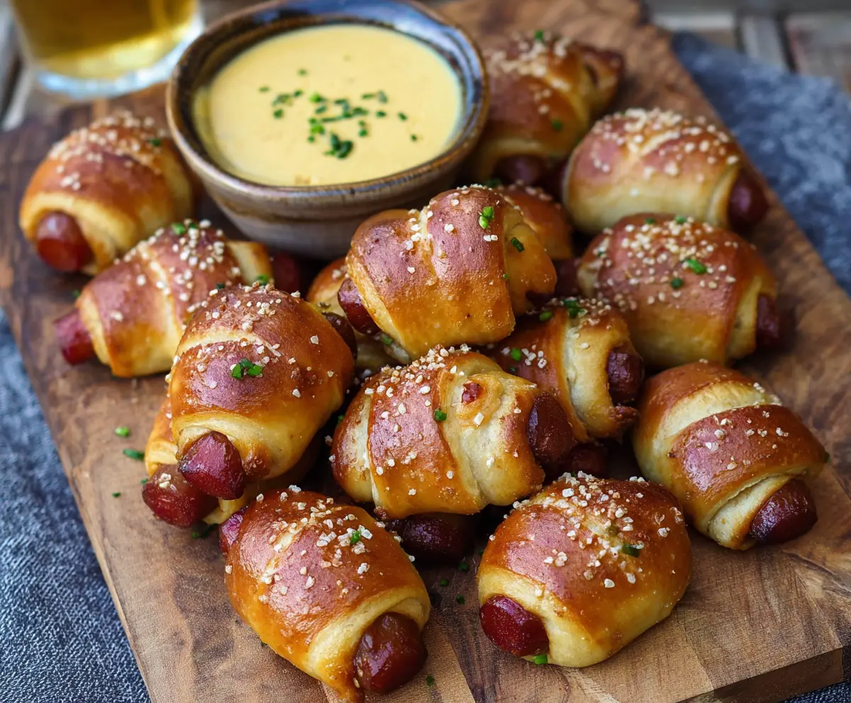 Delicious pretzel pigs in a blanket served with creamy beer cheese dip, perfect for snacking or parties.