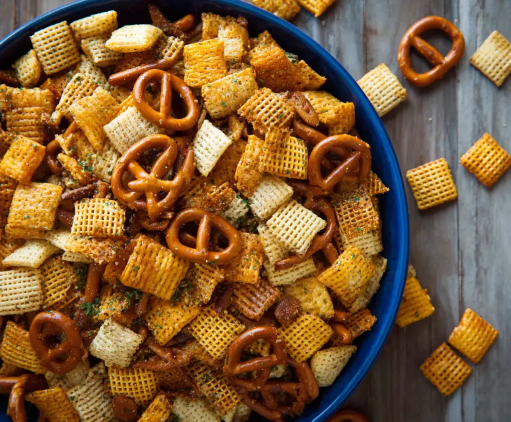 Delicious homemade Ranch Chex Mix with crispy crackers and savory seasoning.
