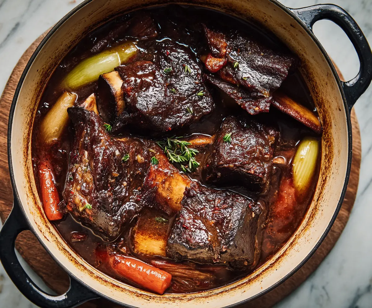 Succulent red wine braised short ribs served with flavorful sauce and garnished with fresh herbs.