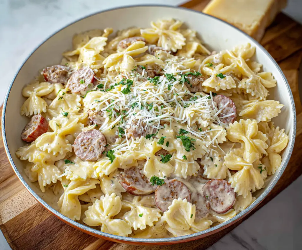 Creamy sausage Alfredo pasta served with fresh herbs on a white plate