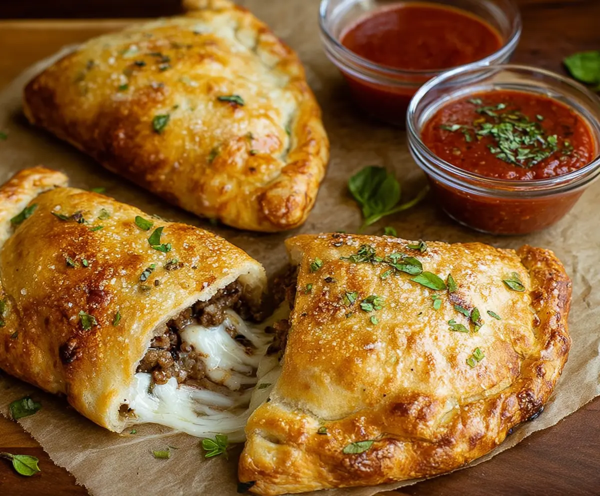 Delicious sausage calzones with golden crust and melted cheese, perfect for a savory snack or meal.