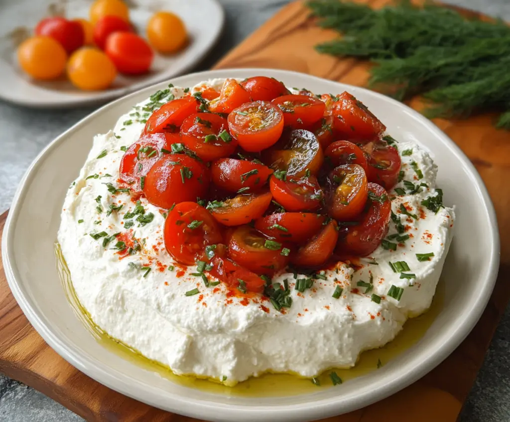 Creamy whipped cottage cheese with fresh tomatoes, perfect for a savory snack or appetizer.
