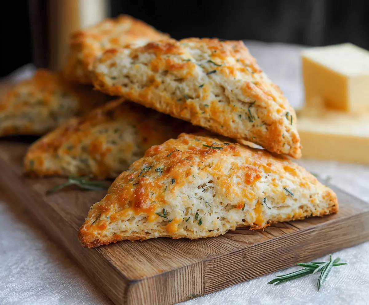 Delicious sharp cheddar and chive sourdough scones fresh out of the oven, golden and flaky.