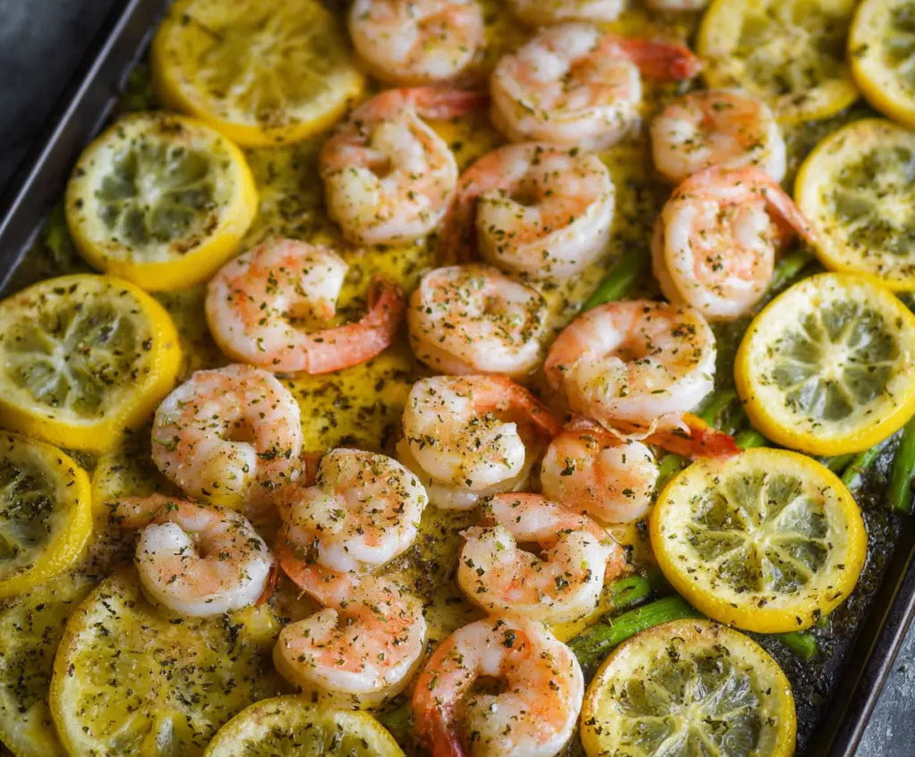 Delicious Sheet Pan Lemon Herb Shrimp with fresh herbs and lemon slices