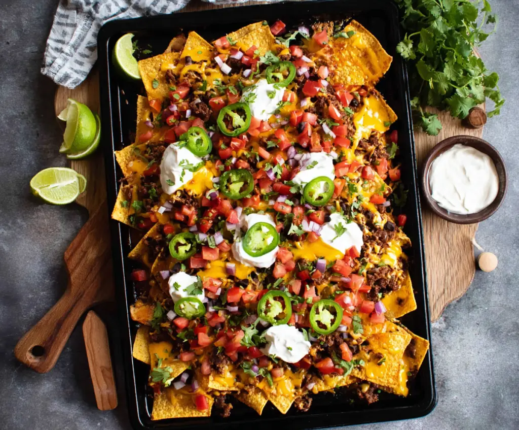 Delicious sheet pan nachos topped with melted cheese, jalapenos, and fresh toppings served for a quick snack or meal.