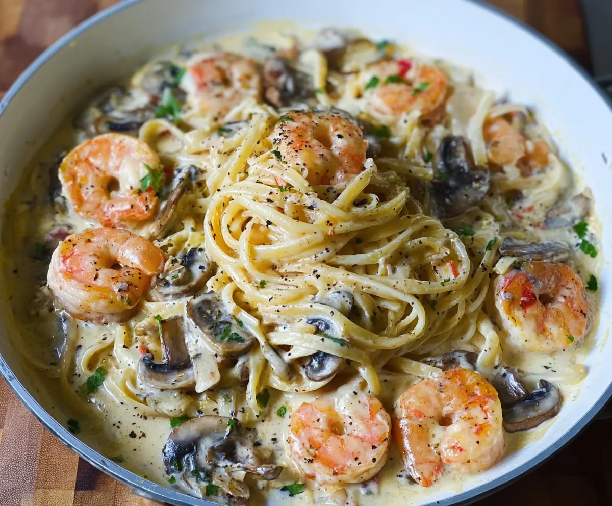 Creamy shrimp Alfredo pasta with mushrooms and herbs served on a white plate.
