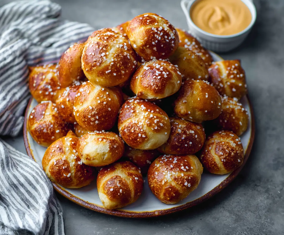 Delicious soft pretzel bites sprinkled with coarse salt on a rustic wooden surface.