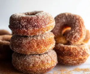 Delicious homemade sourdough apple cider donuts with a golden-brown crust on a rustic plate.