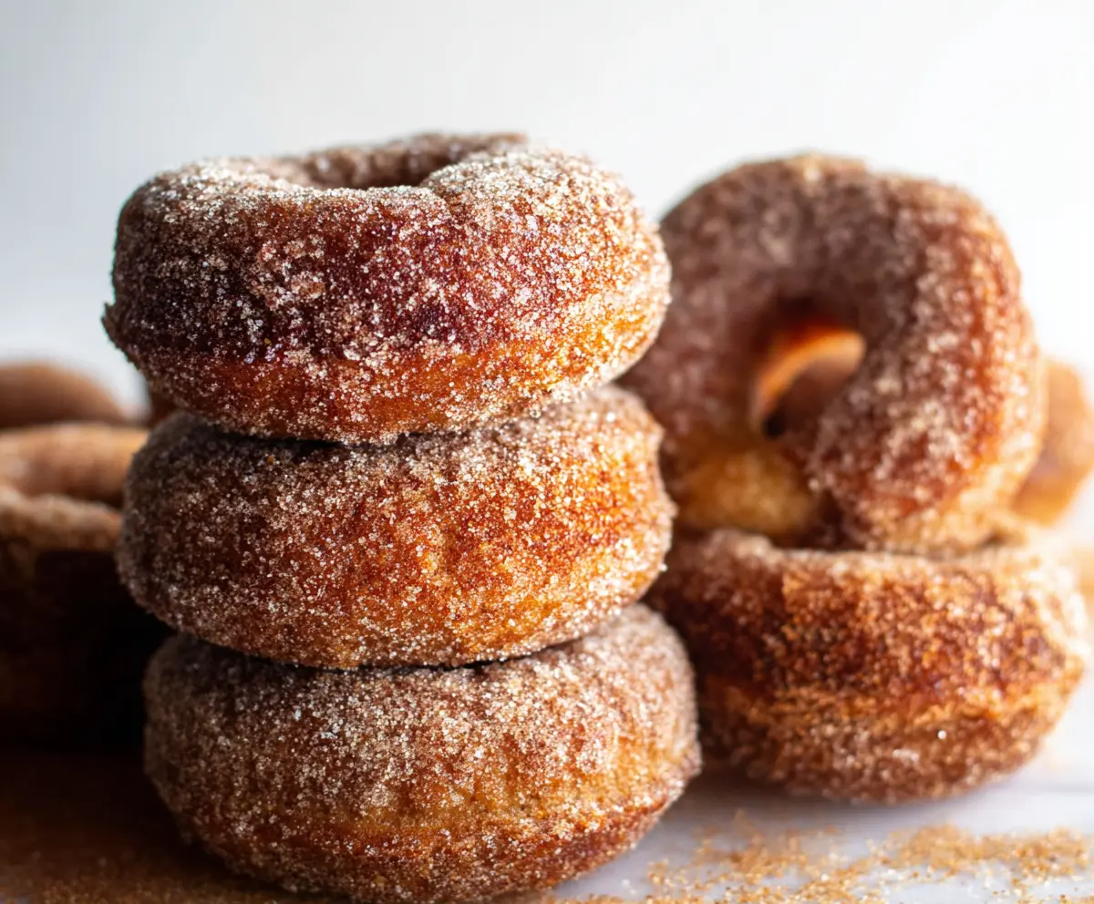 Delicious homemade sourdough apple cider donuts with a golden-brown crust on a rustic plate.