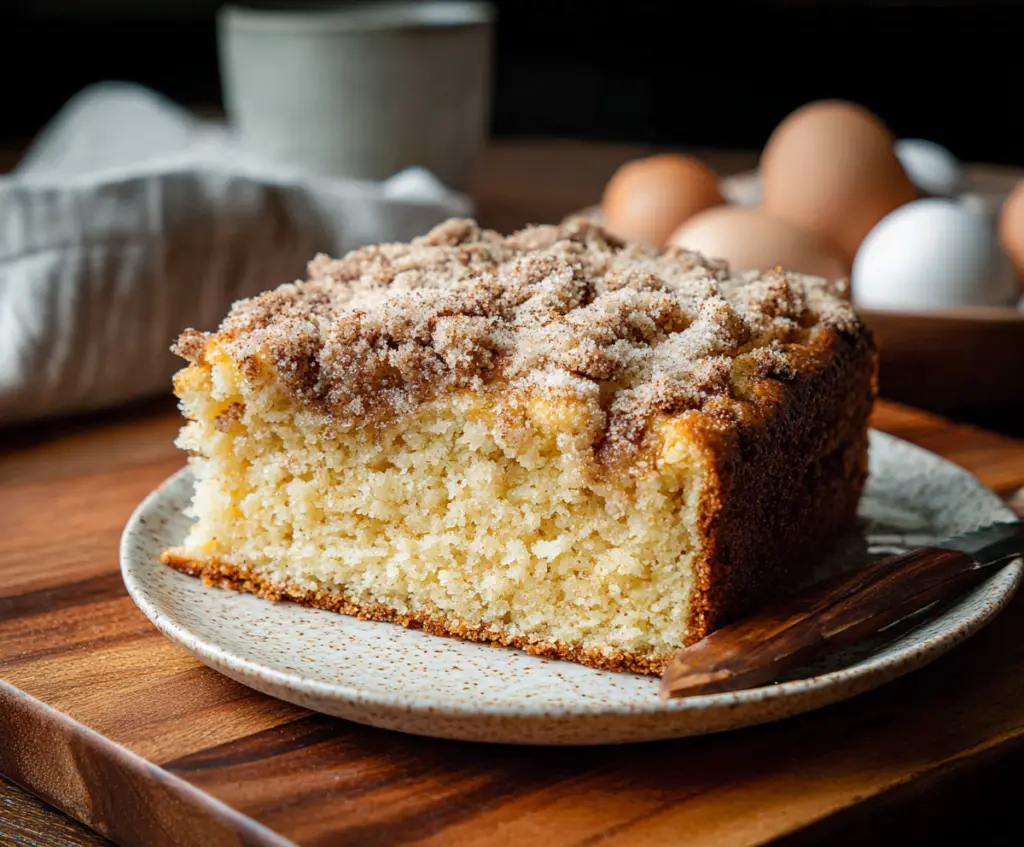 Delicious sourdough breakfast cake with fresh fruit and a golden crust on a rustic plate.