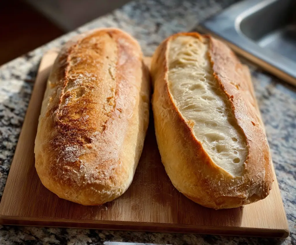 Golden crusted sourdough discard French bread on a rustic breadboard, perfect for breakfast or sandwiches