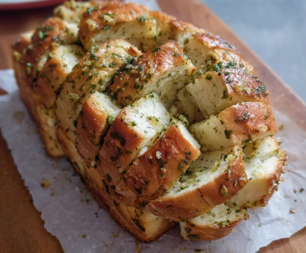 Delicious sourdough discard garlic pull apart bread with melted cheese and crispy edges