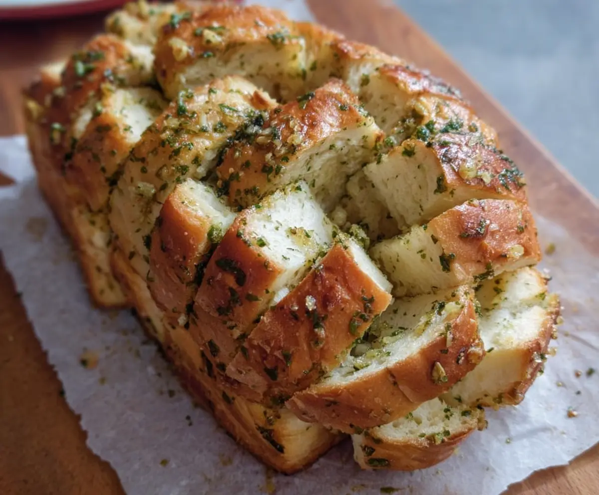 Delicious sourdough discard garlic pull apart bread with melted cheese and crispy edges