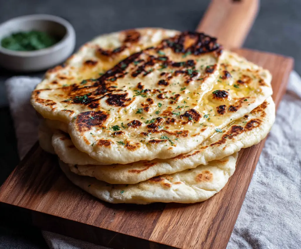 Homemade sourdough discard naan bread on a wooden board with fresh herbs.