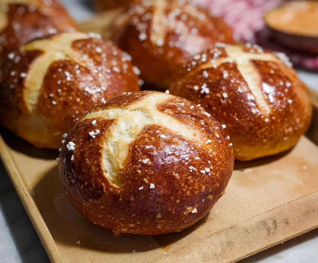Golden brown sourdough discard pretzel buns fresh from the oven, perfect for sandwiches and snacks.