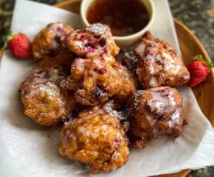 Delicious sourdough discard strawberry fritters plated with fresh strawberries and powdered sugar.