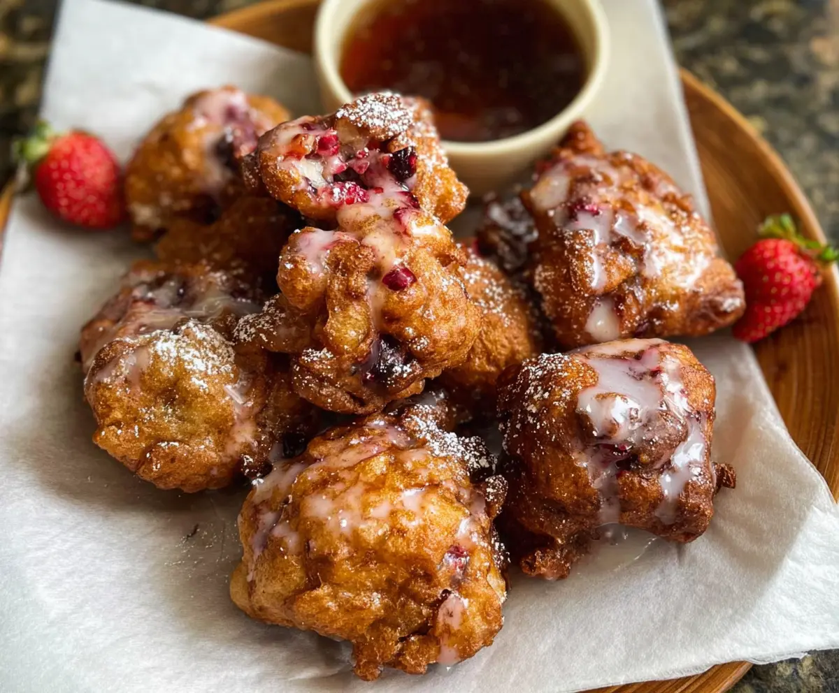 Delicious sourdough discard strawberry fritters plated with fresh strawberries and powdered sugar.