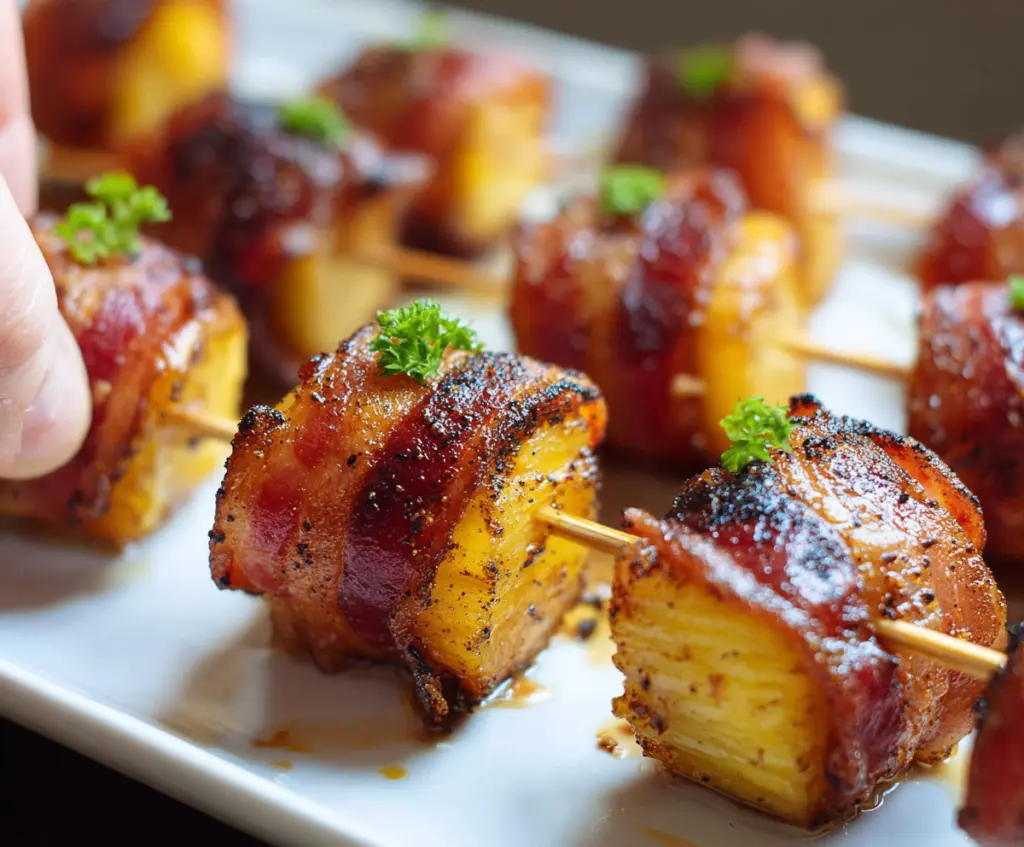 Delicious spicy brown sugar bacon-wrapped pineapple bites on a platter, perfect for appetizers.