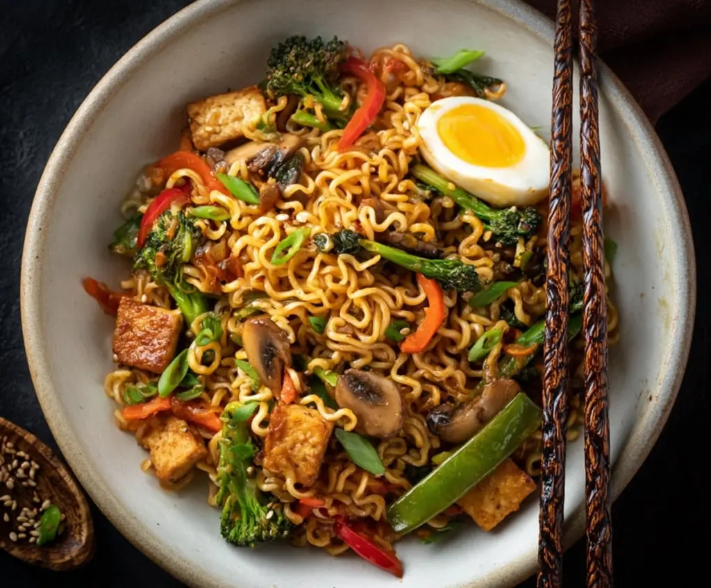 Delicious stir fry ramen noodles with colorful vegetables and savory sauce.