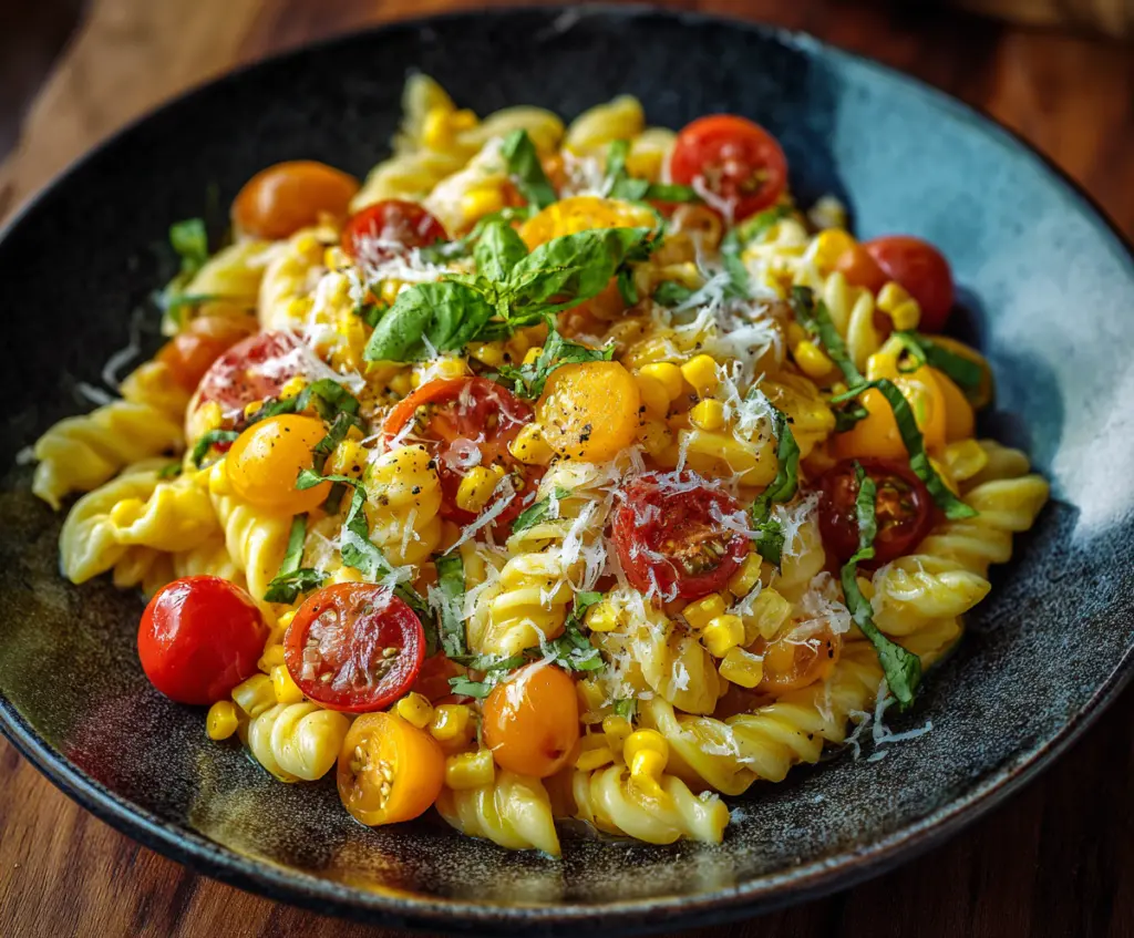 Delicious sweet corn pasta dish garnished with herbs on a rustic plate