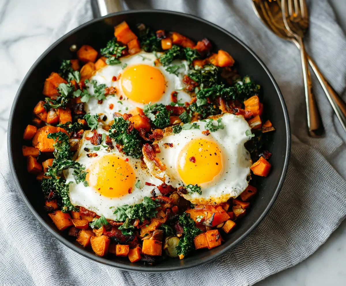 Colorful sweet potato breakfast hash with eggs, spinach, and bell peppers served in a bowl for a healthy morning meal.