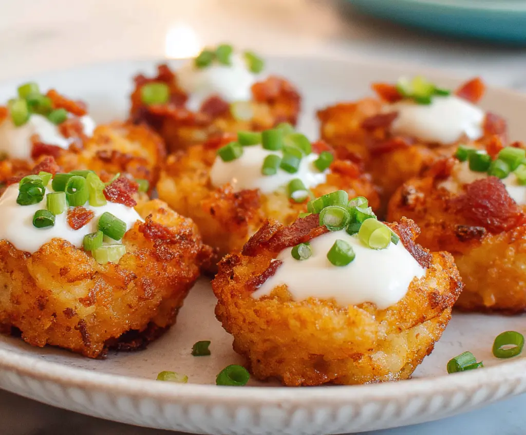 Crispy Tater Tot Bites served with dipping sauce, perfect for appetizer or snack.