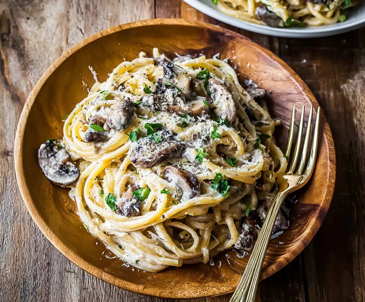 Creamy truffle mushroom pasta served in a white bowl, garnished with fresh herbs.