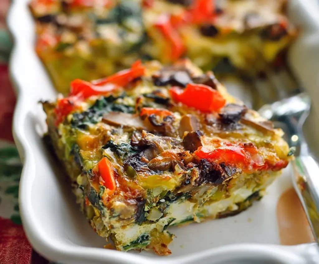 Delicious veggie-packed breakfast casserole with colorful vegetables and sunny-side eggs.