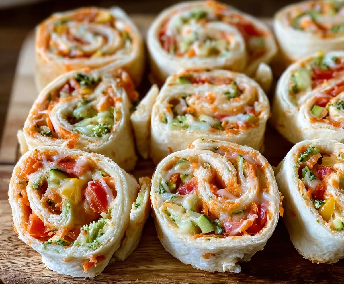 Colorful veggie pizza pinwheels with fresh vegetables and melted cheese on a baking tray.