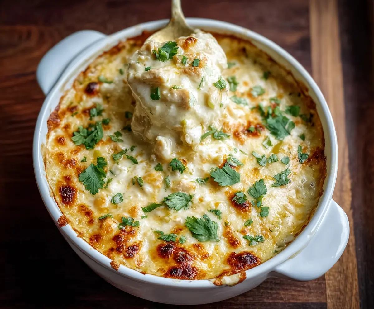 Creamy white chicken chili cottage cheese winter bake served in a casserole dish, perfect for cozy dinners.